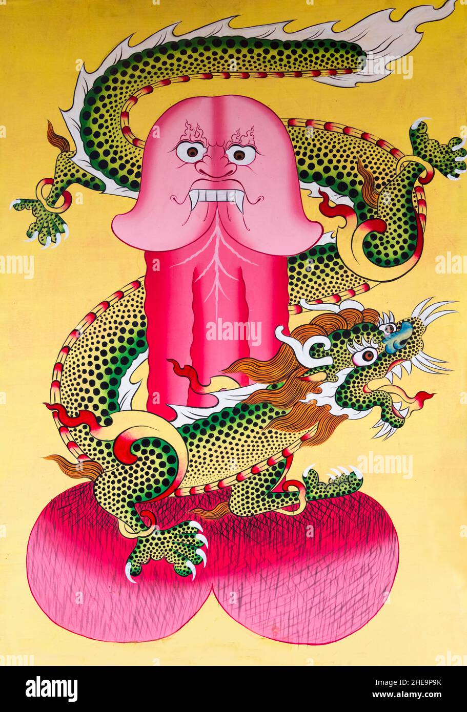 Phallus pittura sul muro di un negozio di artigianato, Punakha, Bhutan Foto Stock