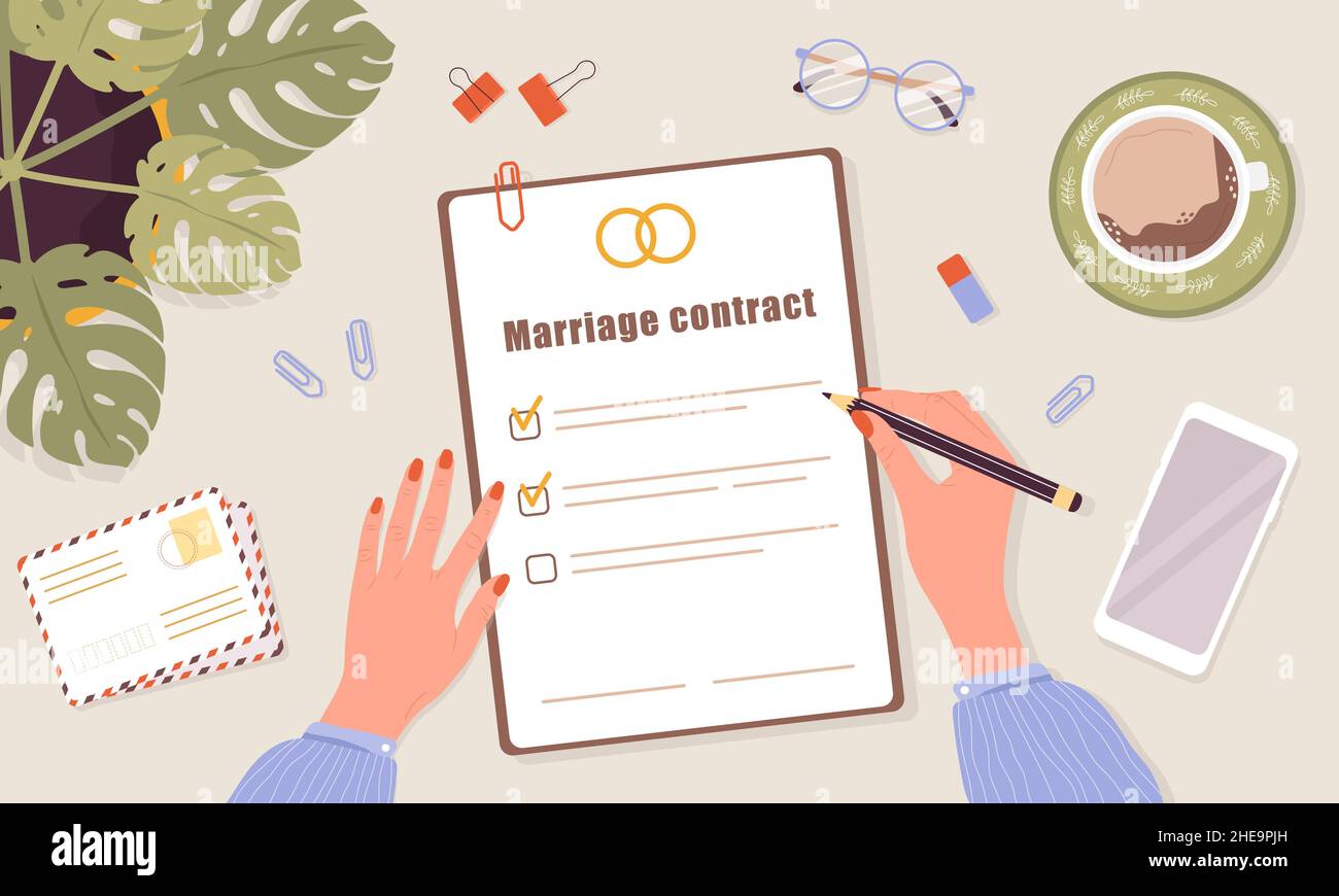 Contratto di matrimonio. La donna firma il documento di accordo prenuptial. Certificato di matrimonio Prenup. Concetto di divorzio di coppia. Vista dall'alto verso il basso. Illustrazione vettoriale Illustrazione Vettoriale