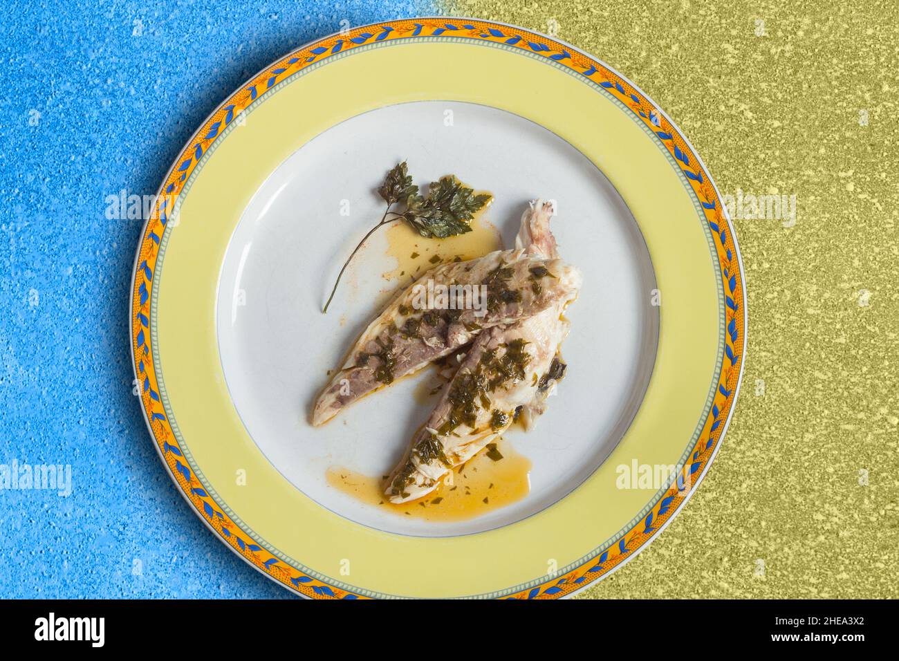 Vista dall'alto di una presentazione su un piatto decorato di orata di mare cotta al forno con salsa su uno sfondo artistico testurizzato e colorato. funzione di cottura Foto Stock