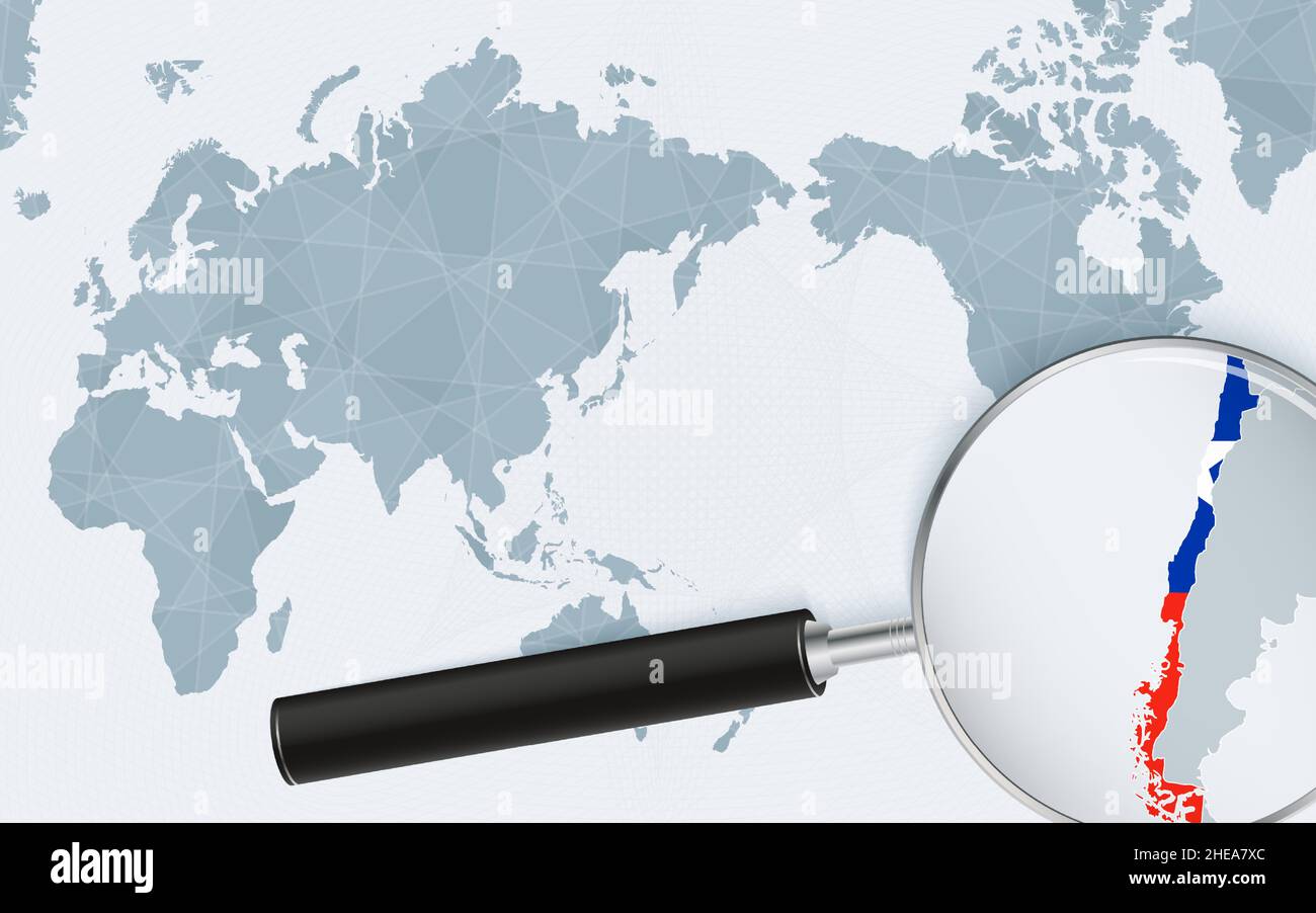 Mappa del mondo centrata in Asia con lente d'ingrandimento sul Cile. Focus sulla mappa del Cile sulla mappa del mondo incentrata sul Pacifico. Illustrazione vettoriale. Illustrazione Vettoriale