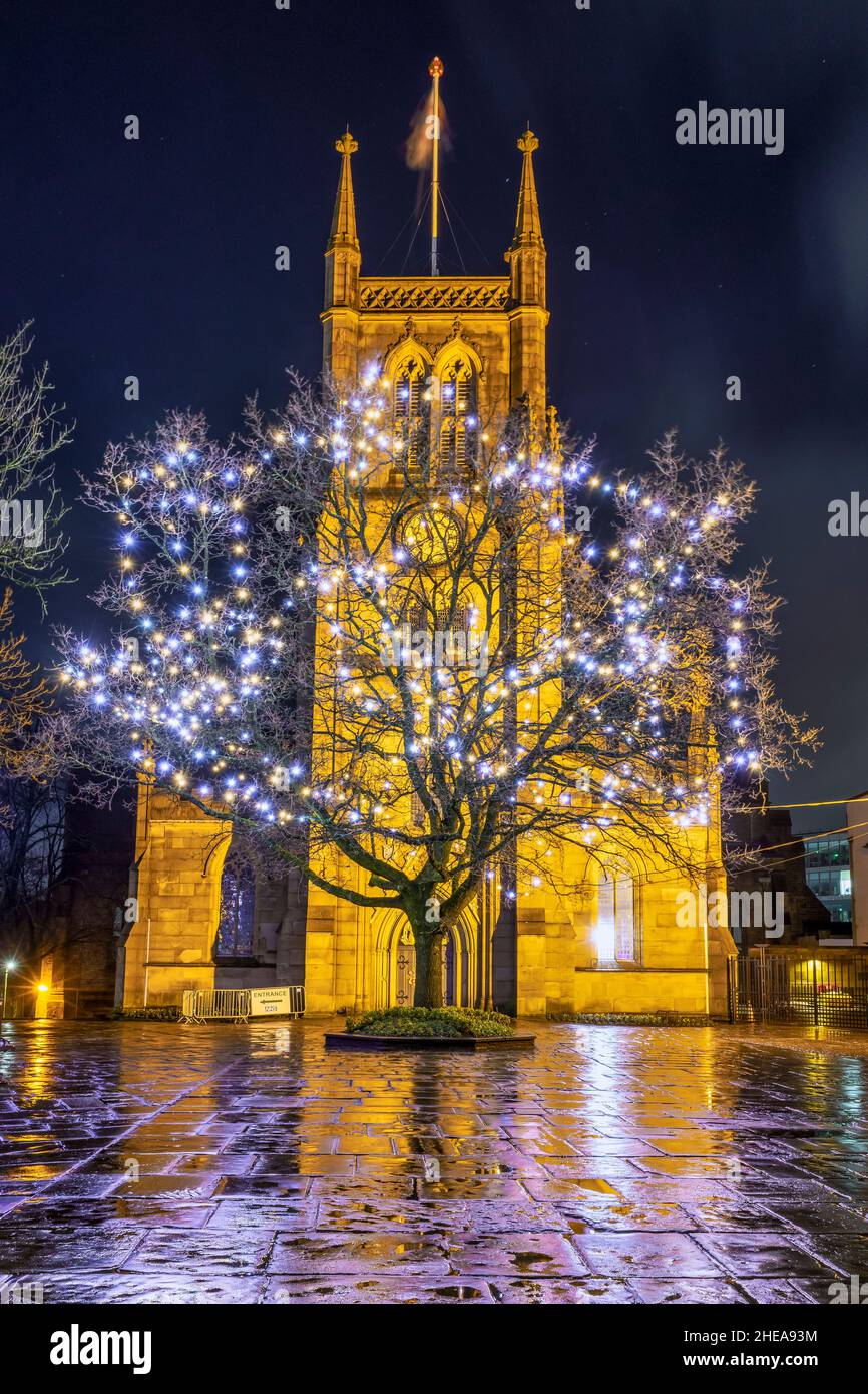 Cattedrale di Blackburn di notte con luci festive installate sull'albero Foto Stock