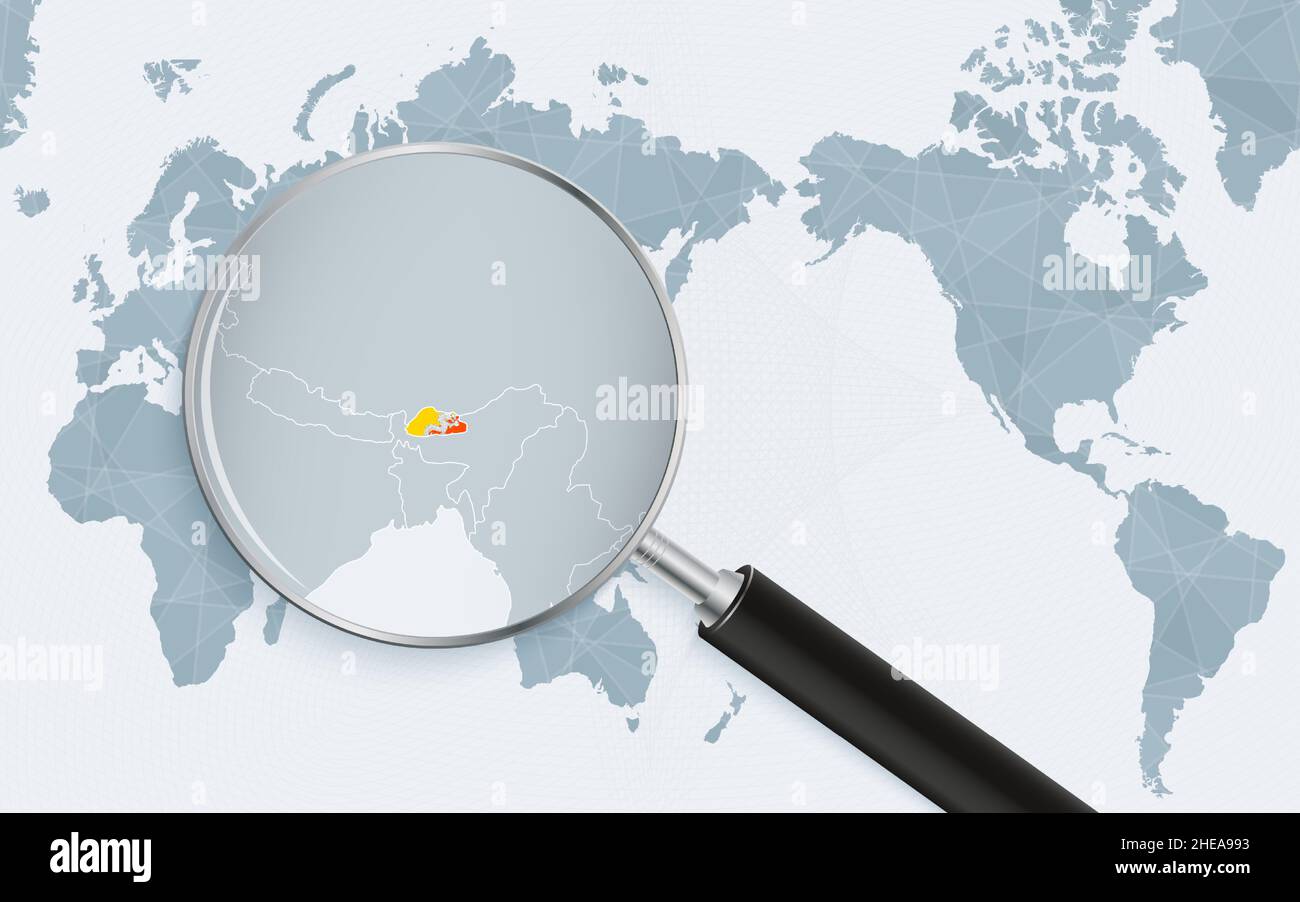 Mappa del mondo centrata in Asia con lente d'ingrandimento sul Bhutan. Focus sulla mappa del Bhutan sulla mappa mondiale incentrata sul Pacifico. Illustrazione vettoriale. Illustrazione Vettoriale