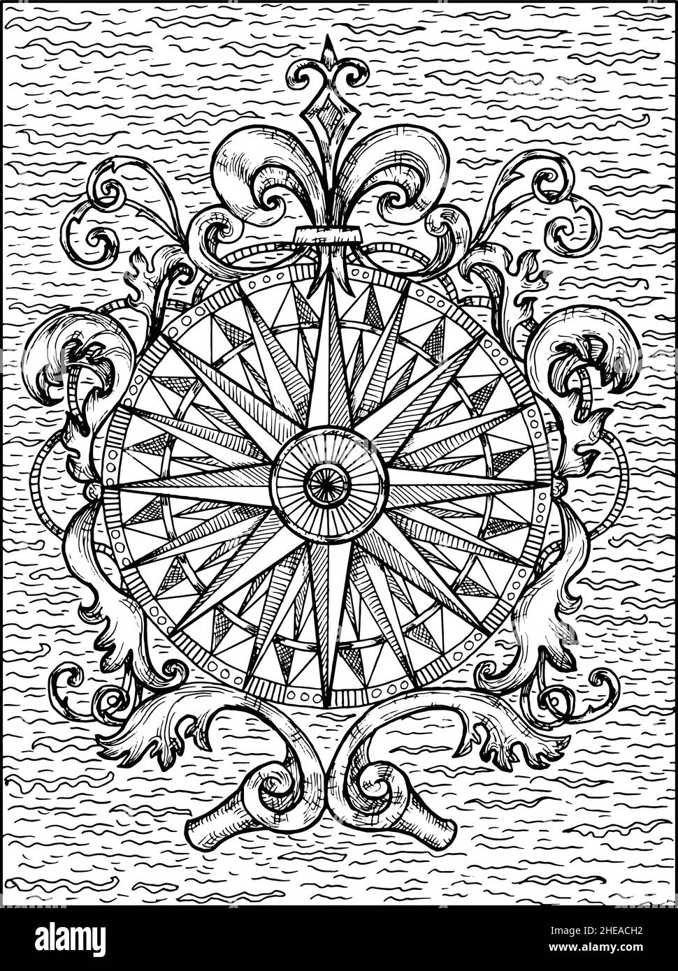 Illustrazione in bianco e nero di bussola o rosa di vento decorata con motivi vittoriani e barocchi. Disegni nautici vettoriali d'annata, concetto marino Immagine e Vettoriale - Alamy