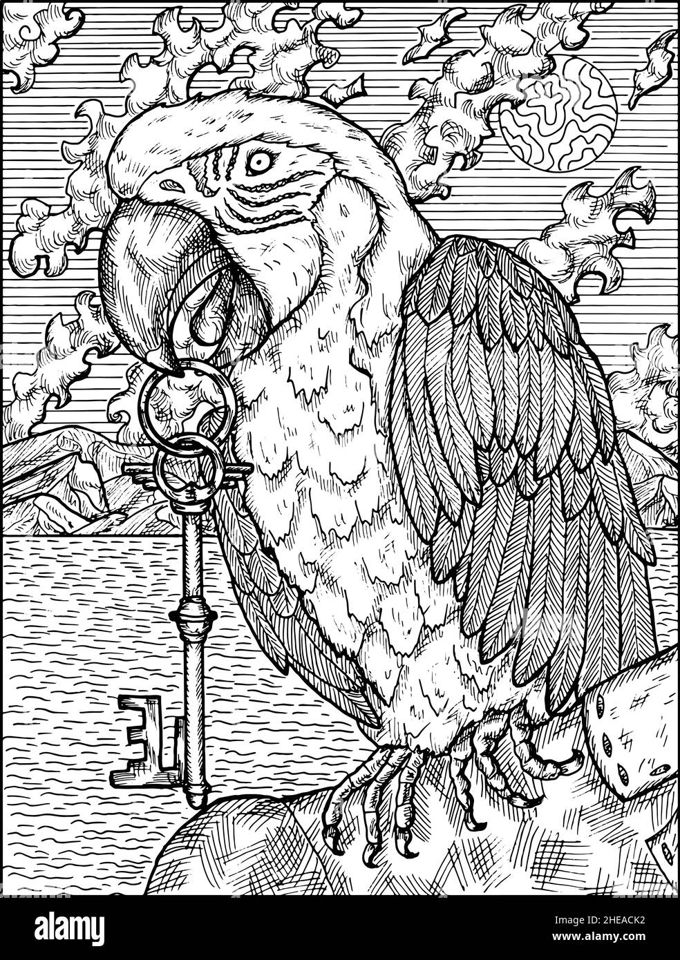 Illustrazione in bianco e nero di pappagallo che tiene la chiave seduta  sulla spalla del capitano pirata. Disegni vintage vettoriali nautici,  concetto marino, colore Immagine e Vettoriale - Alamy