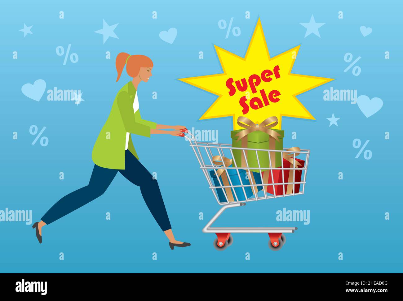 Donna shopping con carrello, grafico su supersale. Illustrazione vettoriale. EPS10. Illustrazione Vettoriale