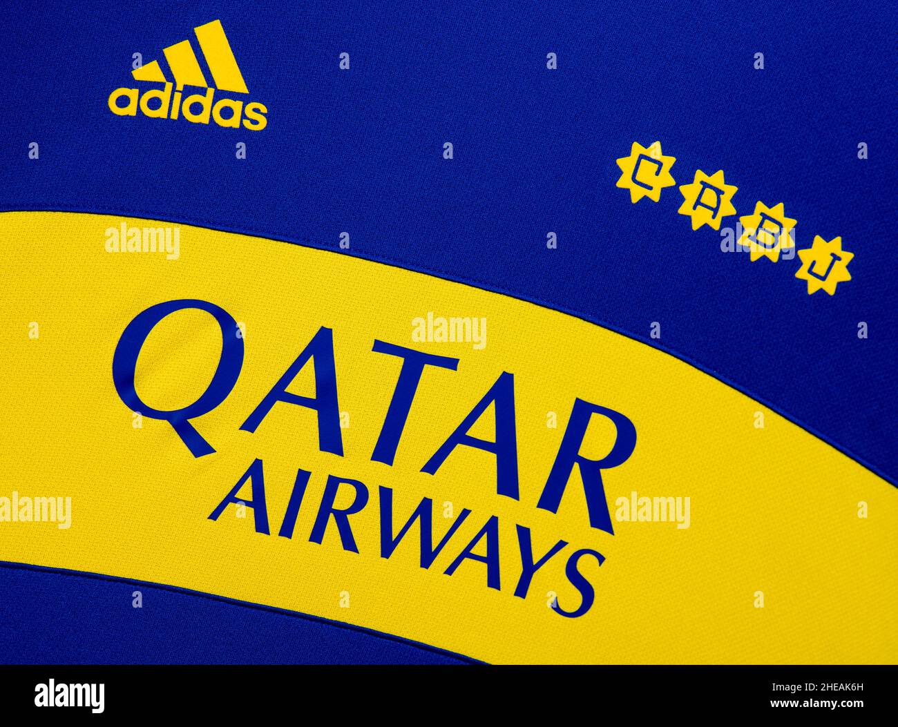 Primo piano della maglia Boca Juniors. Foto Stock