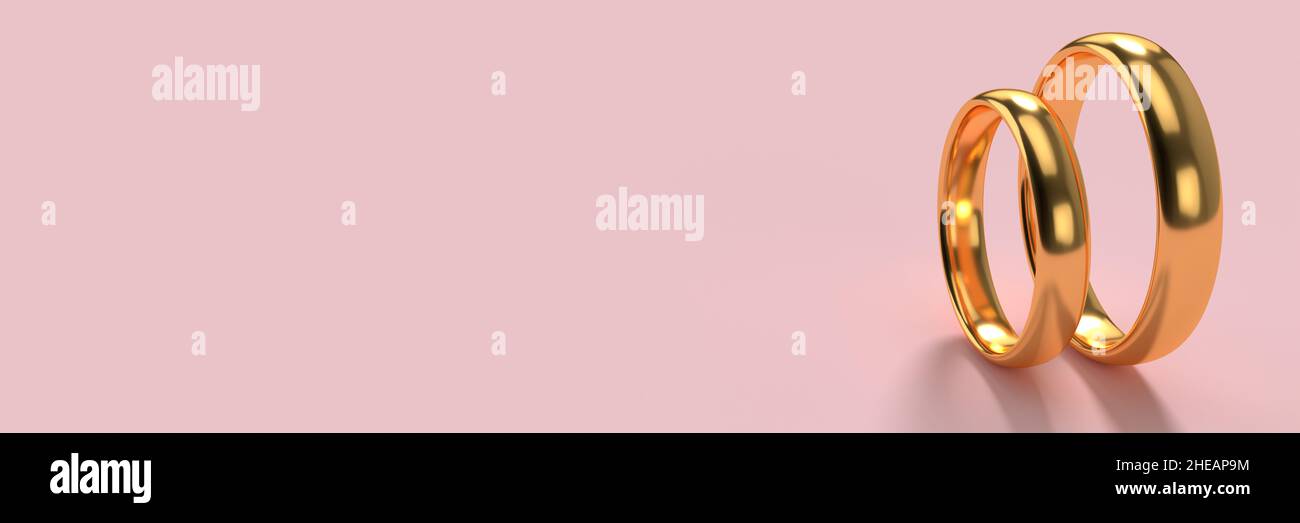 La bandiera di due anelli d'oro di cerimonia nuziale giace l'uno sull'altro con lo sfondo bianco dello spazio. rendering 3d Foto Stock