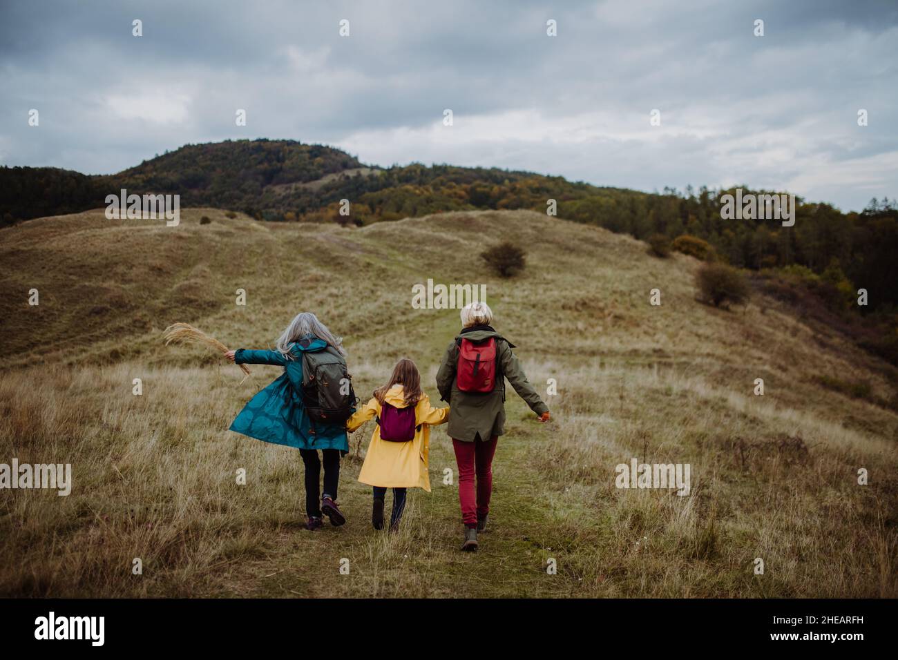 Vista posteriore di bambina con madre e nonna escursioni outoors in autunno natura. Foto Stock