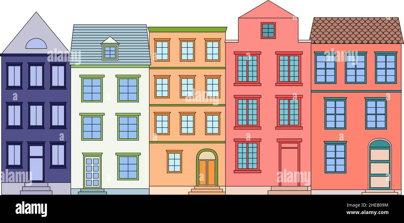 Fila di case a colori, illustrazione vettoriale Illustrazione Vettoriale
