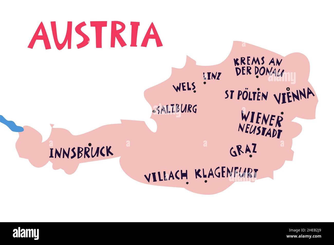 Mappa stilizzata a mano vettoriale delle città austriache. Illustrazione di viaggio. Illustrazione della geografia della Repubblica d'Austria. Elemento mappa Europa Illustrazione Vettoriale