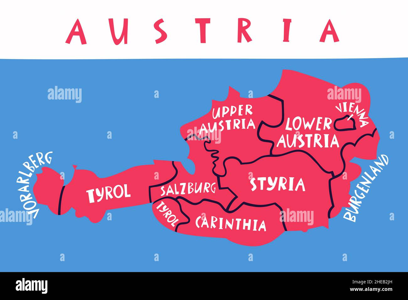 Mappa stilizzata a mano vettoriale delle regioni austriache. Illustrazione di viaggio. Illustrazione della geografia della Repubblica d'Austria. Elemento mappa Europa Illustrazione Vettoriale