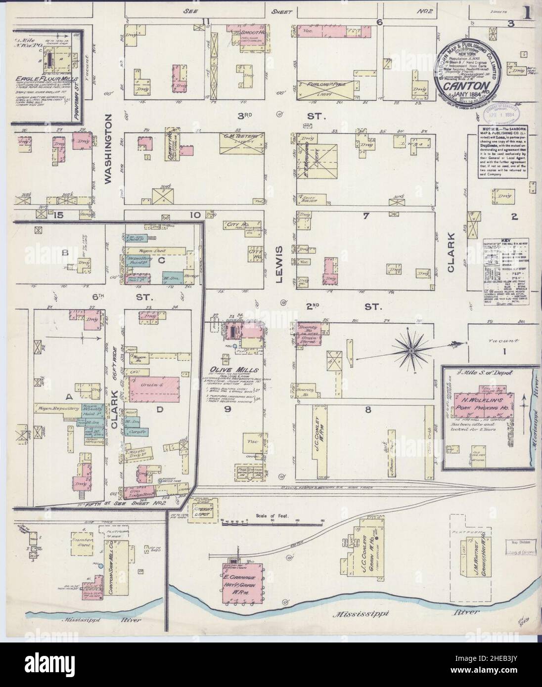 Sanborn Fire Insurance Map from Canton, Lewis County, Missouri. Foto Stock