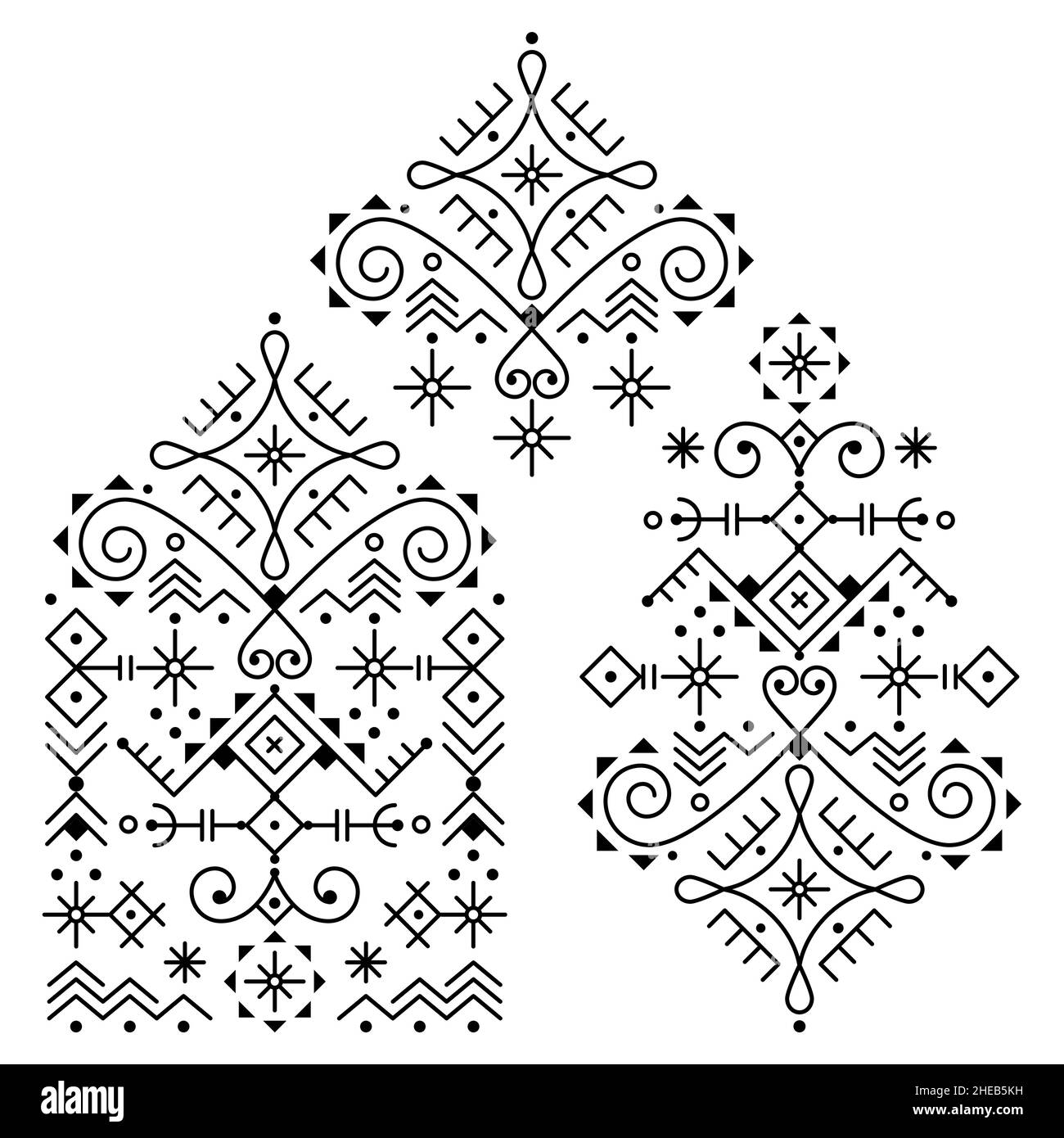 Set di motivi vettoriali tribali line art ispirati alla Nordic Viking rune art con simboli geometrici e forme astratte Illustrazione Vettoriale