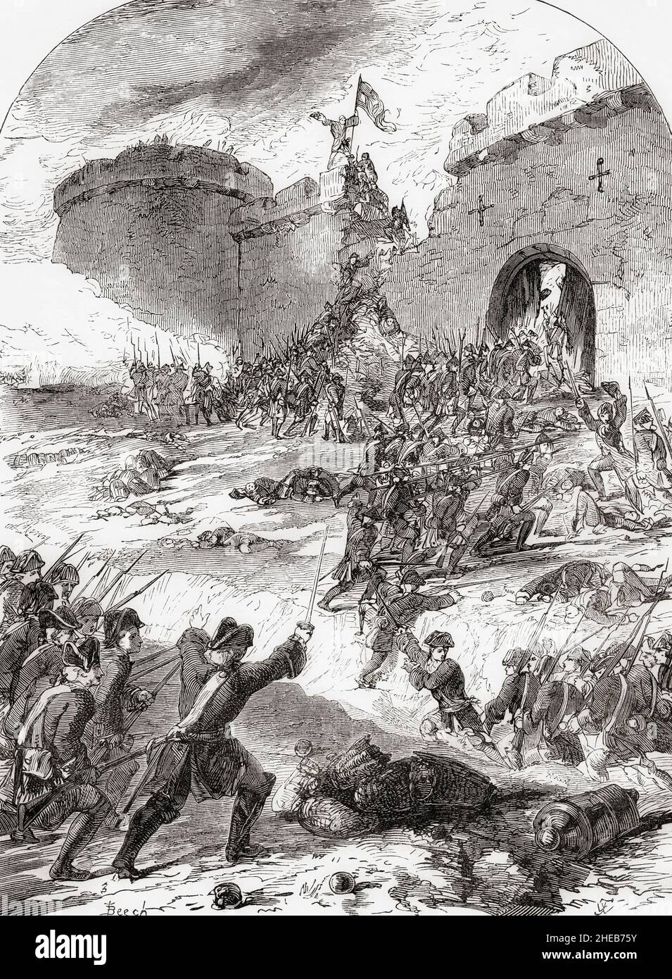 L'attacco a Bergen op Zoom, Paesi Bassi, nel 1747, durante la guerra di successione austriaca da parte dell'esercito francese. Fortificato da nuove opere costruite all'inizio del 17th secolo non aveva una seconda linea di fortificazioni, né alcuna fortezza e dopo settanta giorni di assedio, la città è stata presa, saccheggiata e la guarnigione macellata. Dalla storia illustrata dell'Inghilterra di Cassell, pubblicato c.1890. Foto Stock