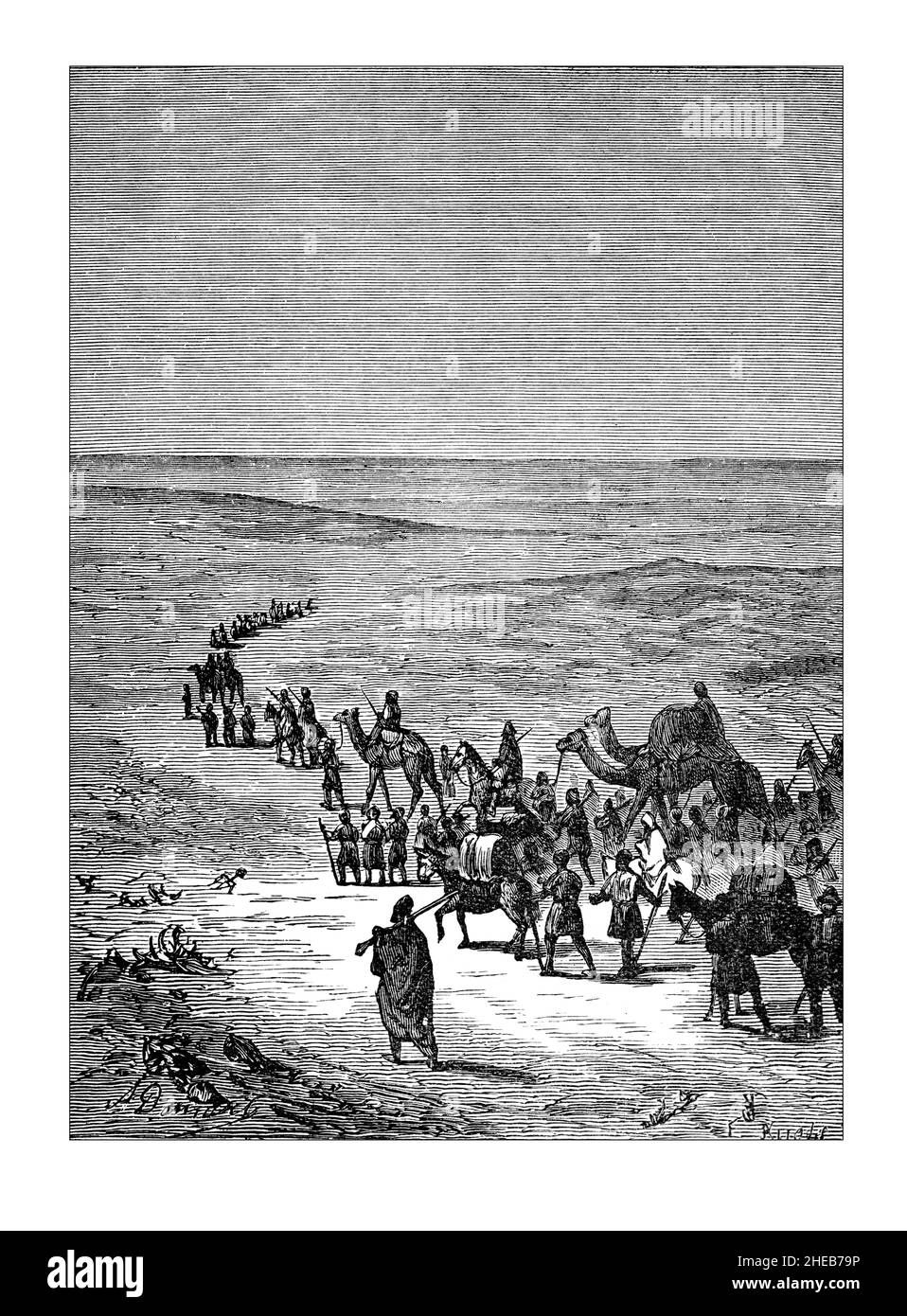 Crossing the Desert, illustrazione incisa da African Discovery and Adventure, di C e Bourne, pubblicata nel 1900 da Swan Sonnenshein & Co, Londra Foto Stock