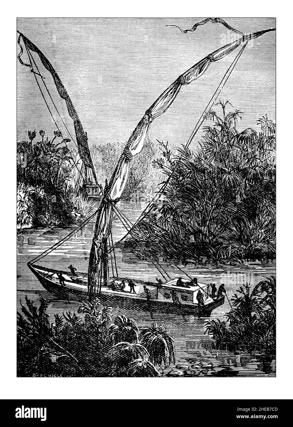 19th Century Sudanese Nile Boats, illustrazione incisa da African Discovery and Adventure, di C e Bourne, pubblicato nel 1900 da Swan Sonnenshein & C. Foto Stock