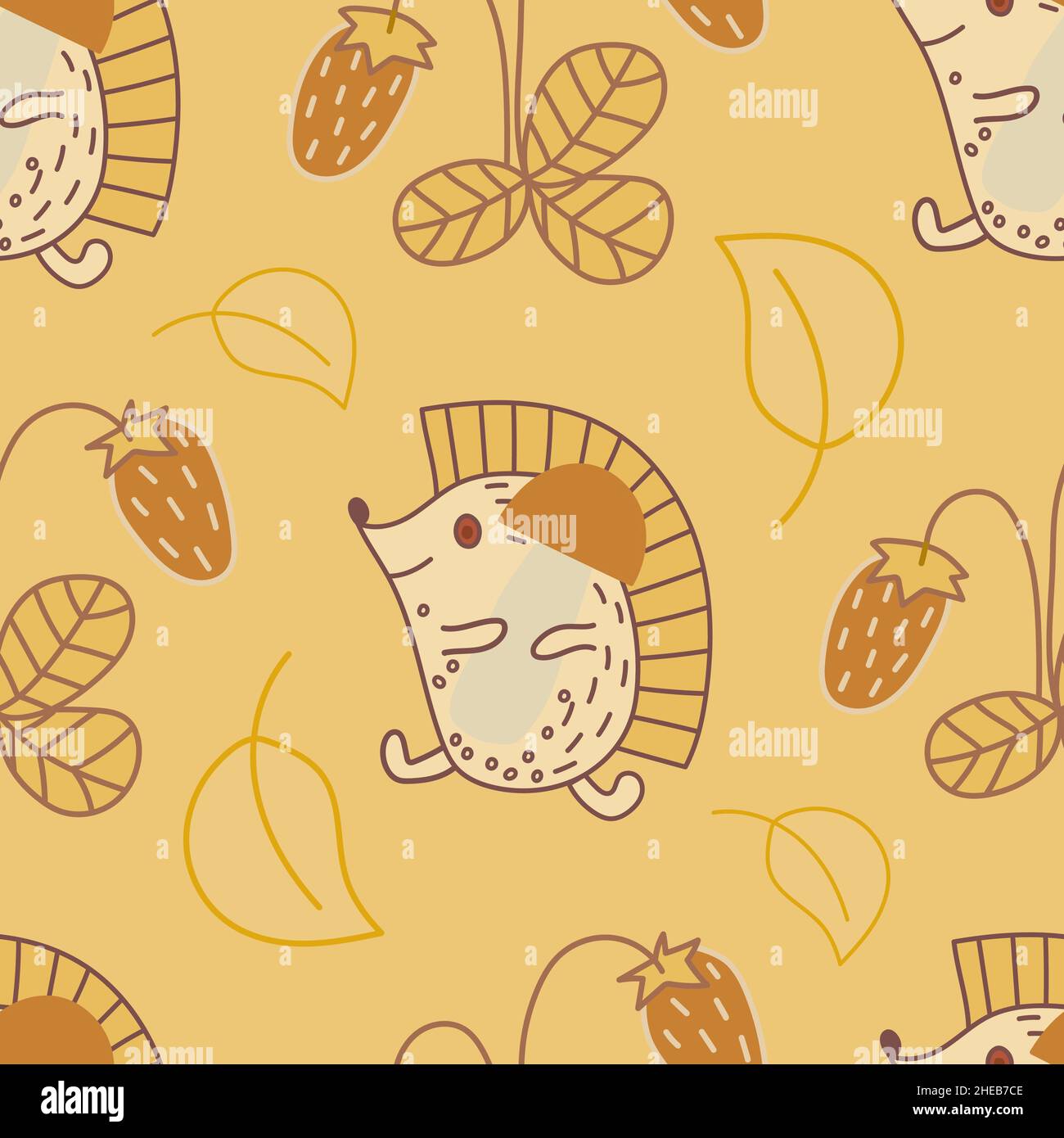 Modello senza cuciture con ricci, funghi e fragole su sfondo giallo. Illustrazione Vettoriale