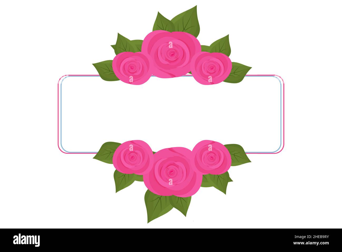Cornice, monogramma decorato con fiori e foglie in stile cartoon isolato su sfondo bianco. Elegante bordo vuoto, clip art. Romantica illustrazione vettoriale Illustrazione Vettoriale