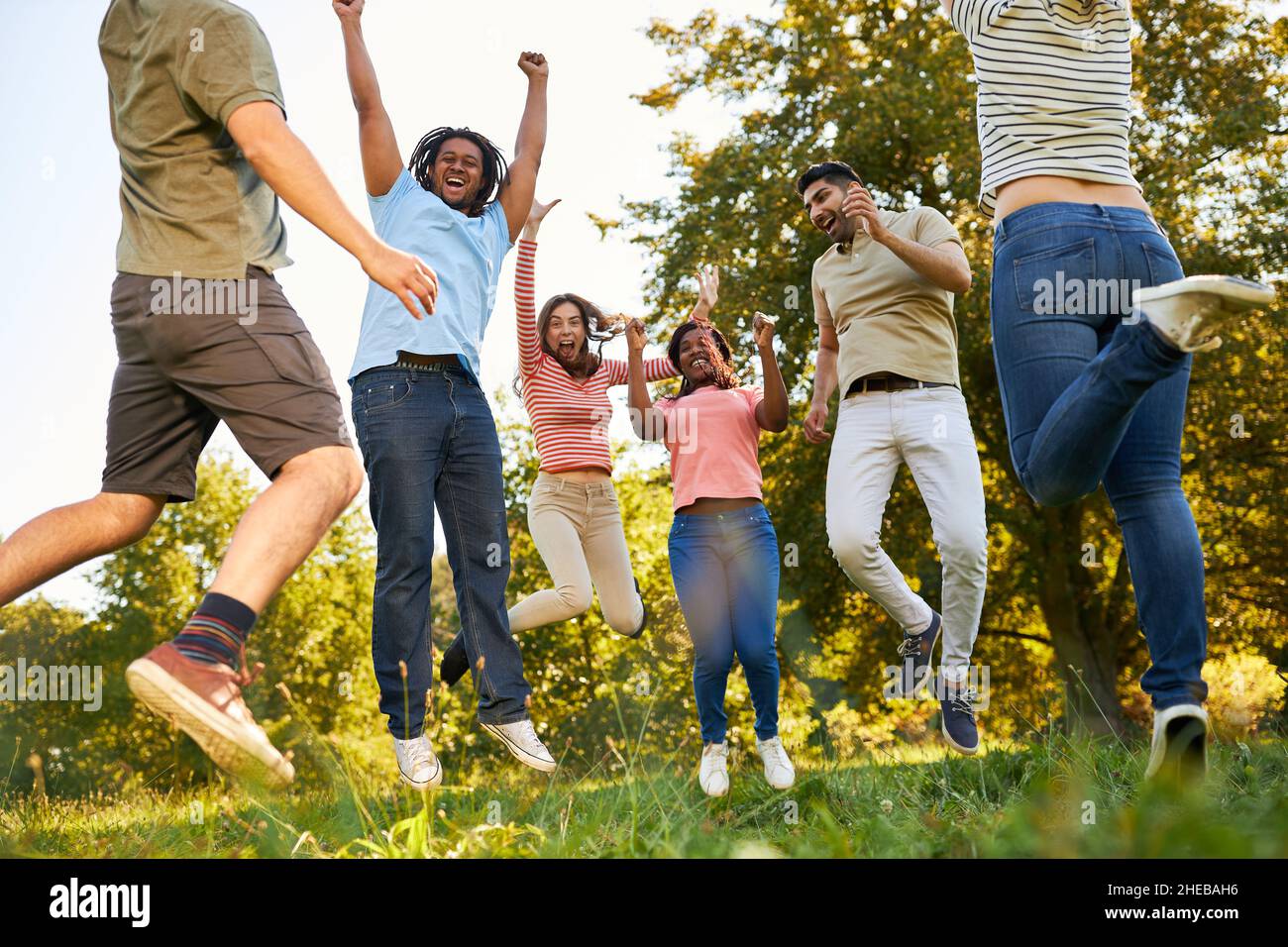 Gruppo di giovani come amici che allietano e saltano nella natura in estate Foto Stock
