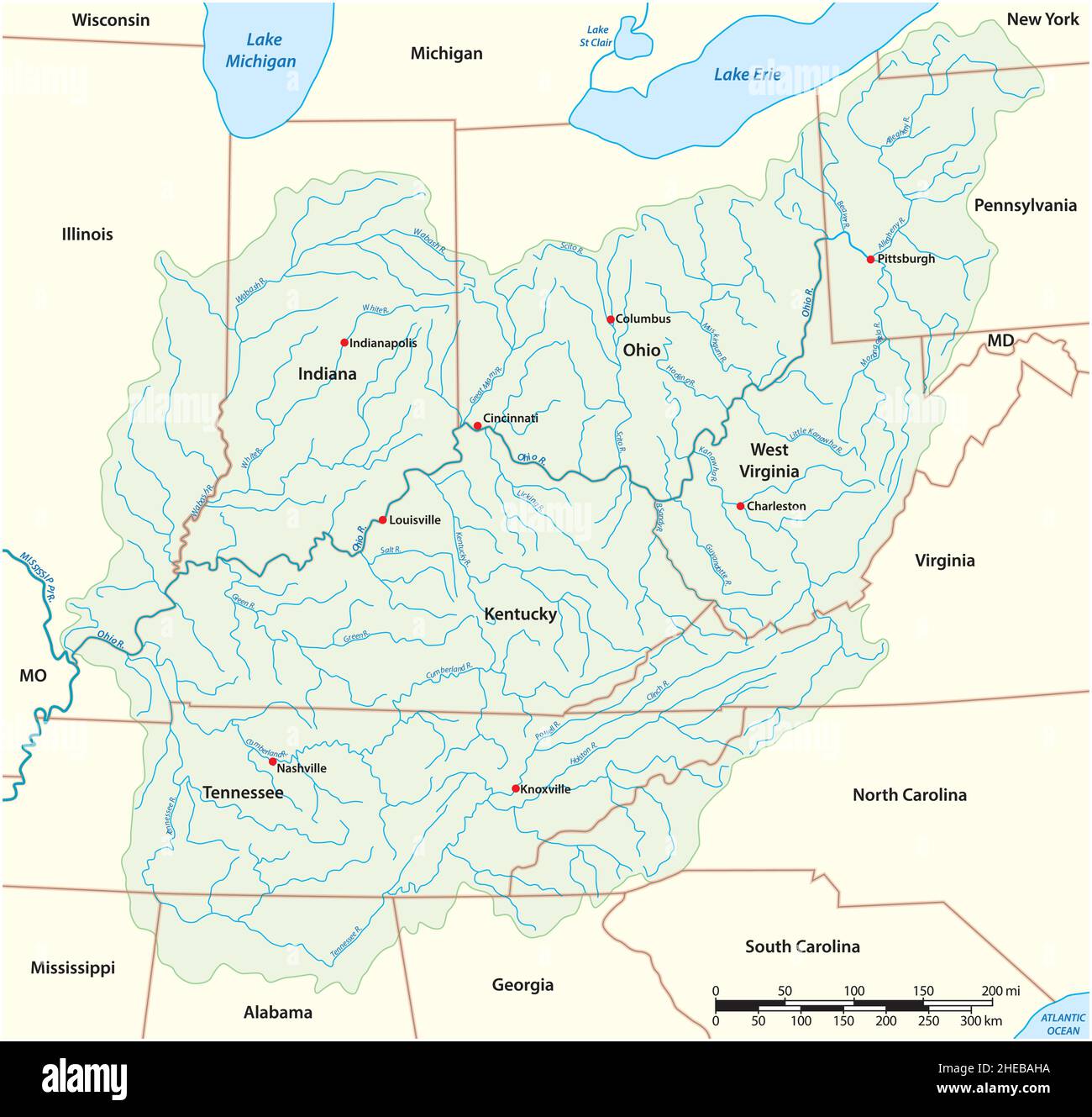 Mappa vettoriale bacino di drenaggio del fiume Ohio, USA Illustrazione Vettoriale