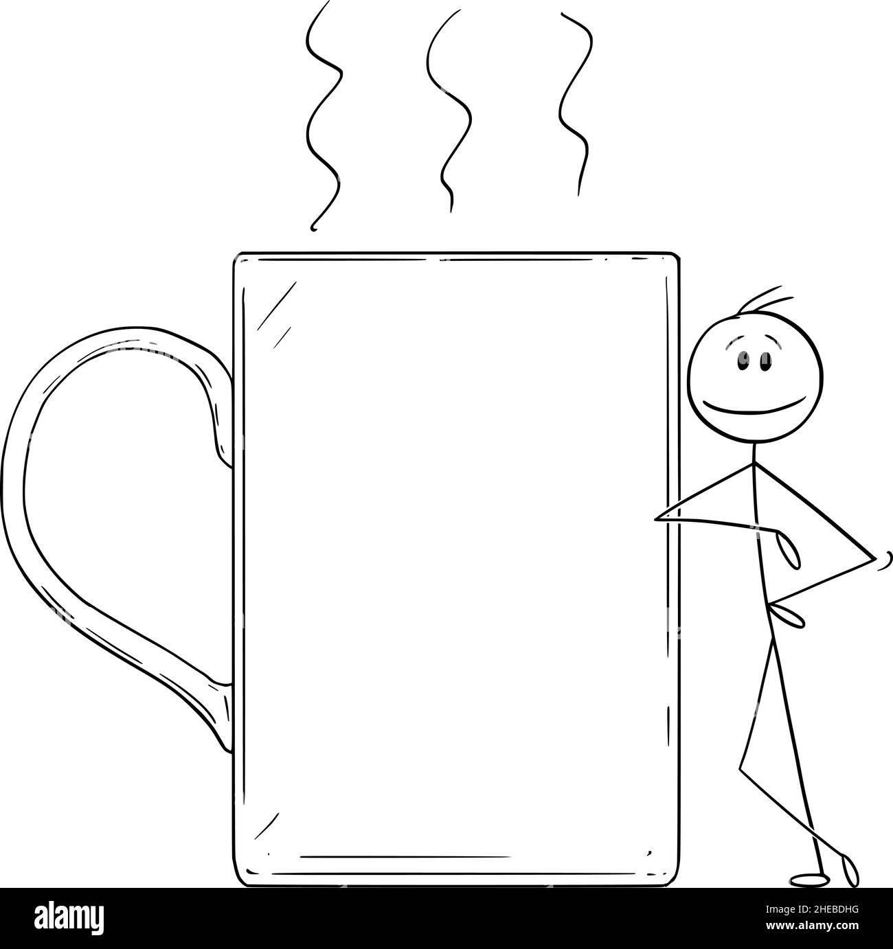 Persona che si appoggia verso la tazza grande del tè o del caffè o tazza, illustrazione del bastone del vettore del cartoon Illustrazione Vettoriale