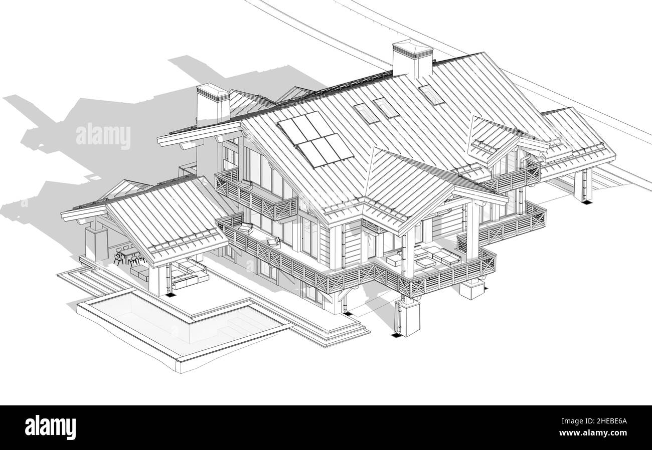 3d rendering di chalet moderno e accogliente con piscina e parcheggio in vendita o in affitto. Colonne con travi in legno massiccio. Schizzo di linea nera con ombre chiare tenue attive Foto Stock