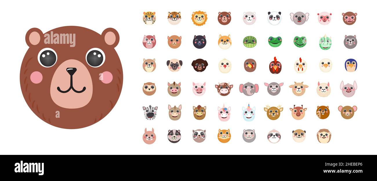 Animali rotondi Set carezza ritratti cartoon viso illustrazione flat vettore orso, tigre, coniglietto, cane, gatto, Asino, rana, pollo, mucca, gallina pecora isolato su sfondo bianco per UI, app, mobile, poster per bambini Illustrazione Vettoriale