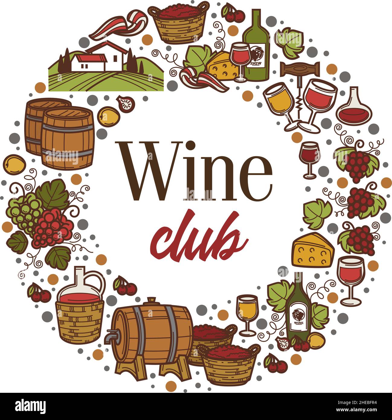 Banner wine club con barili e uva alcol Illustrazione Vettoriale