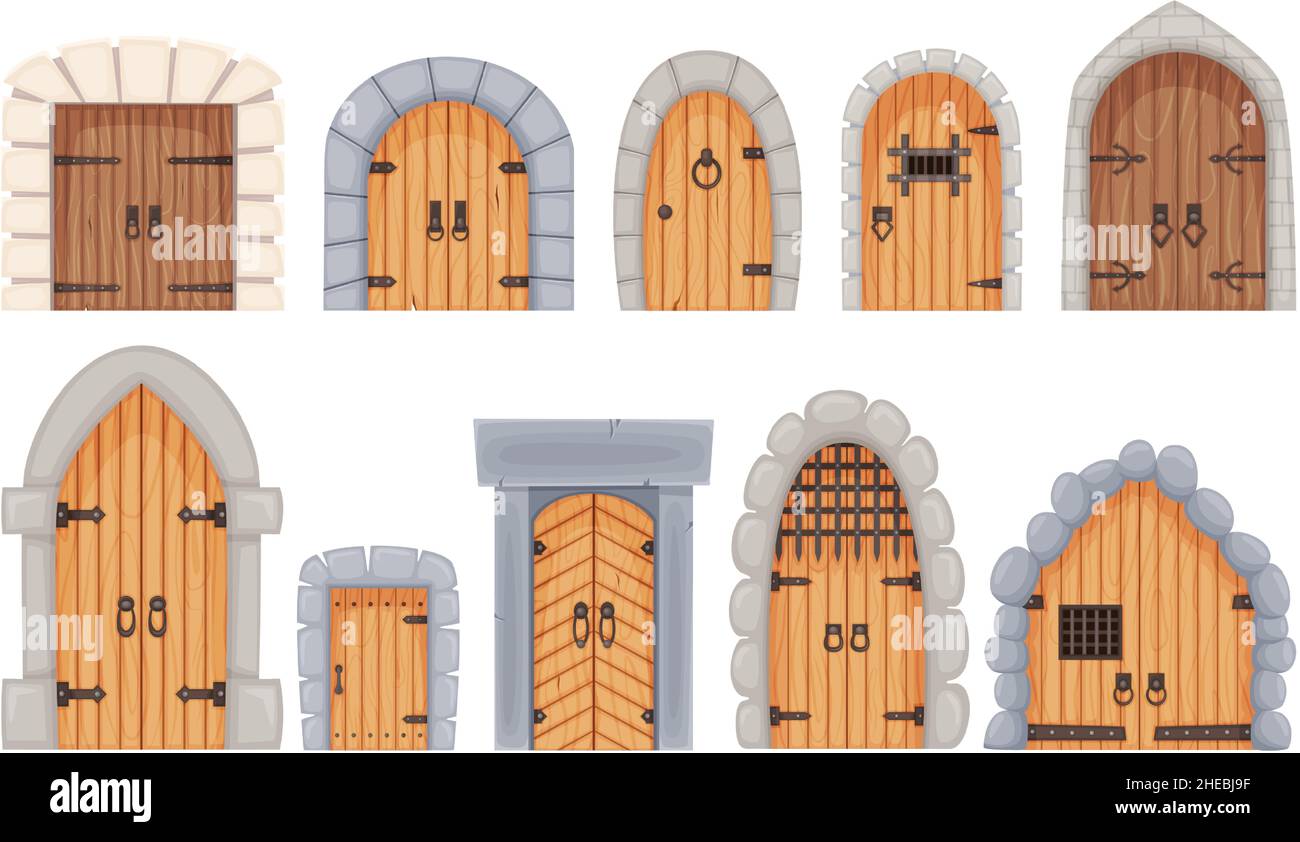 Porte d'ingresso del castello medievale Cartoon e porta sotterranea. Vecchie porte in legno con cornice in pietra, antico castello porta o vettore porta set. Porte ad arco gotico fiabesco per edificio storico Illustrazione Vettoriale