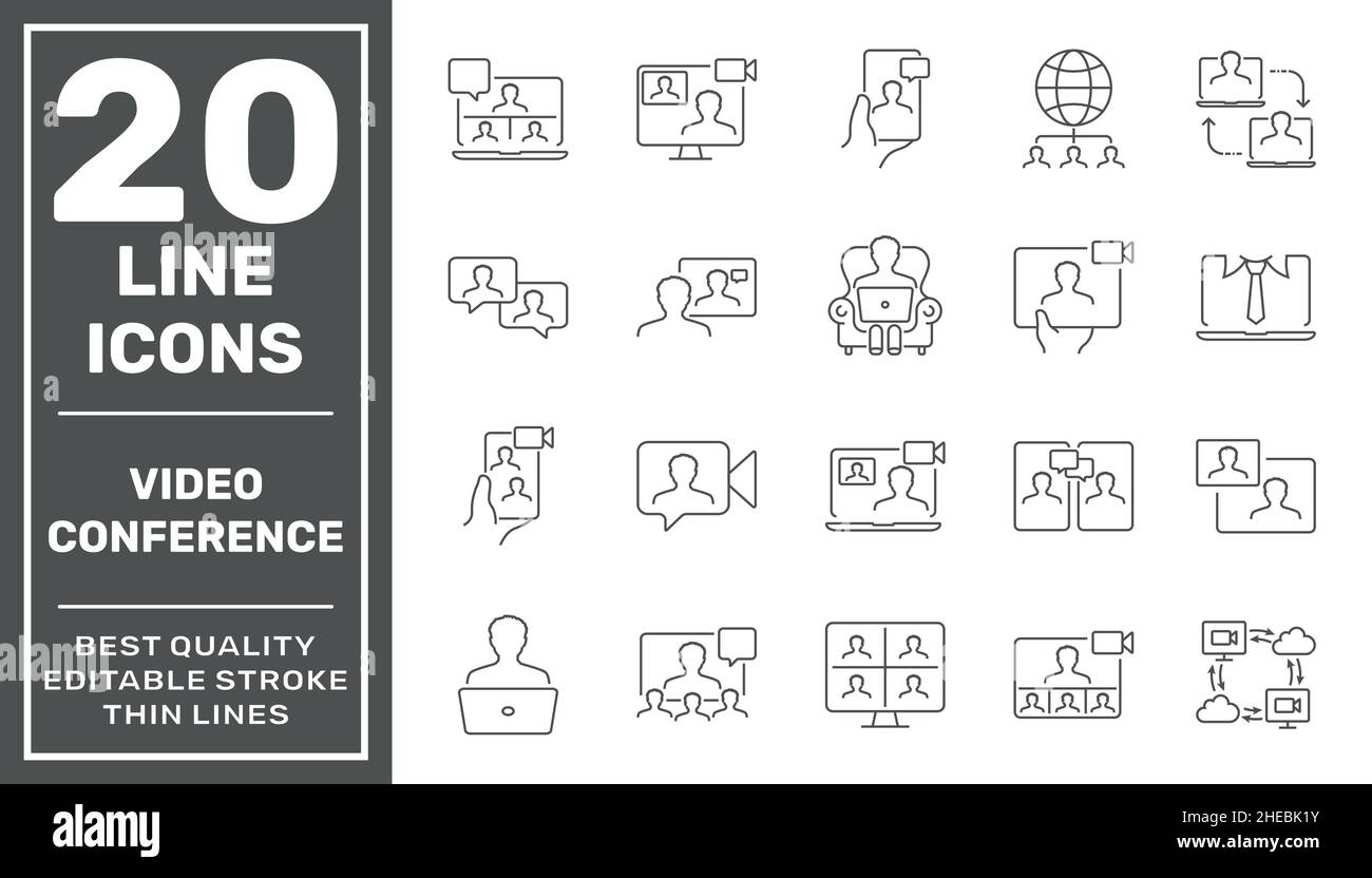 Set di icone per riunioni online, modulo di lavoro casa, social distanziamento, videoconferenza, creatore di contenuti. Tratto modificabile Illustrazione Vettoriale