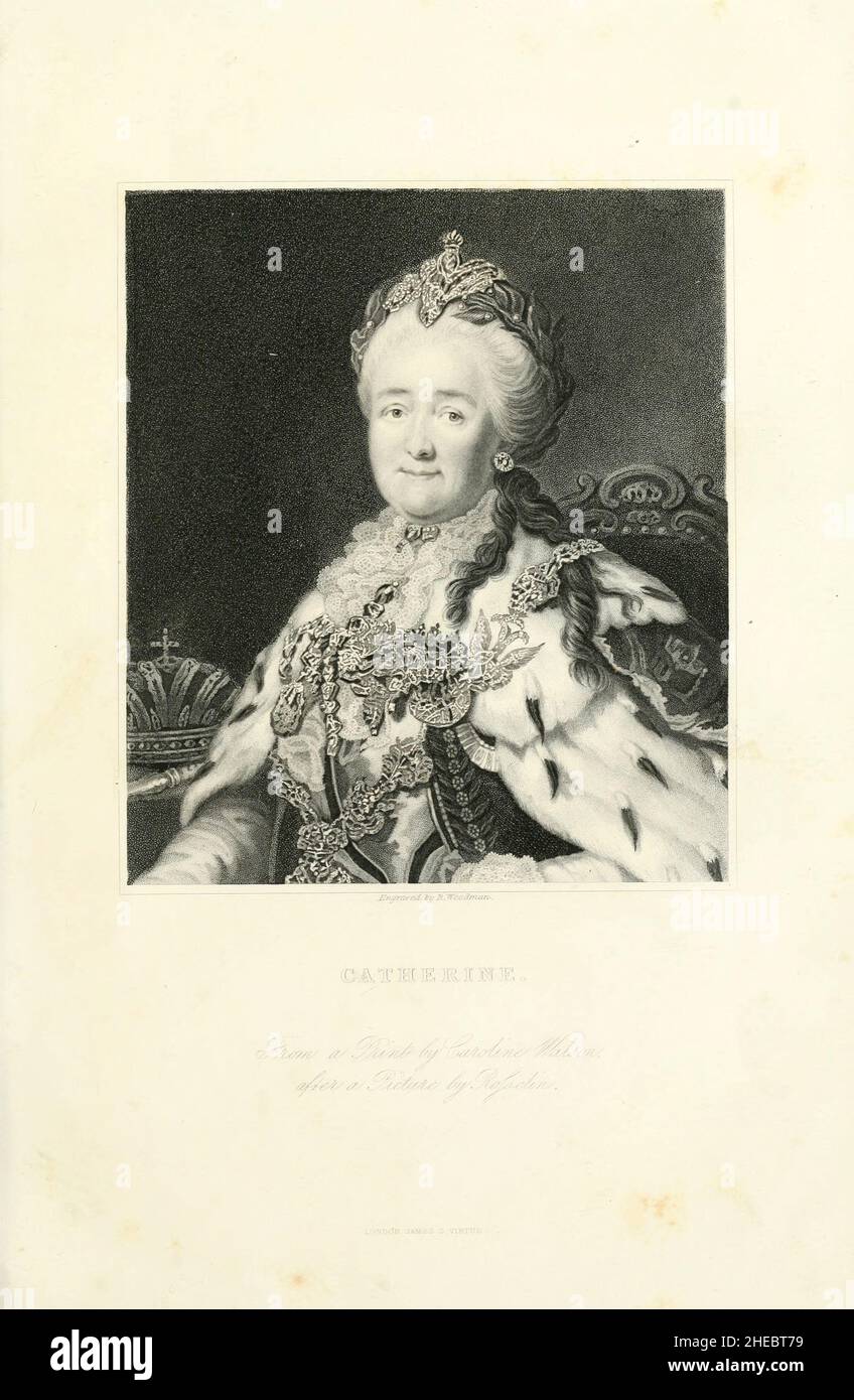 L'imperatrice Caterina II (nata Sophie di Anhalt-Zerbst; 2 maggio 1729 – 17 novembre 1796[b]), più comunemente conosciuta come Caterina la Grande,[c] è stata l'ultima imperatrice regnante della Russia (dal 1762 al 1796) e la leader femminile più longeva del paese. Venne al potere dopo il rovesciamento del marito e della seconda cugina, Pietro III Sotto il suo regno, la Russia crebbe più grande, la sua cultura fu rivitalizzata, e fu riconosciuta come una delle grandi potenze d'Europa. Dal libro la storia illustrata della guerra contro la Russia (Guerra di Crimea Ottobre 1853 - Febbraio 1856) di Edward Henry Nolan, pub Foto Stock