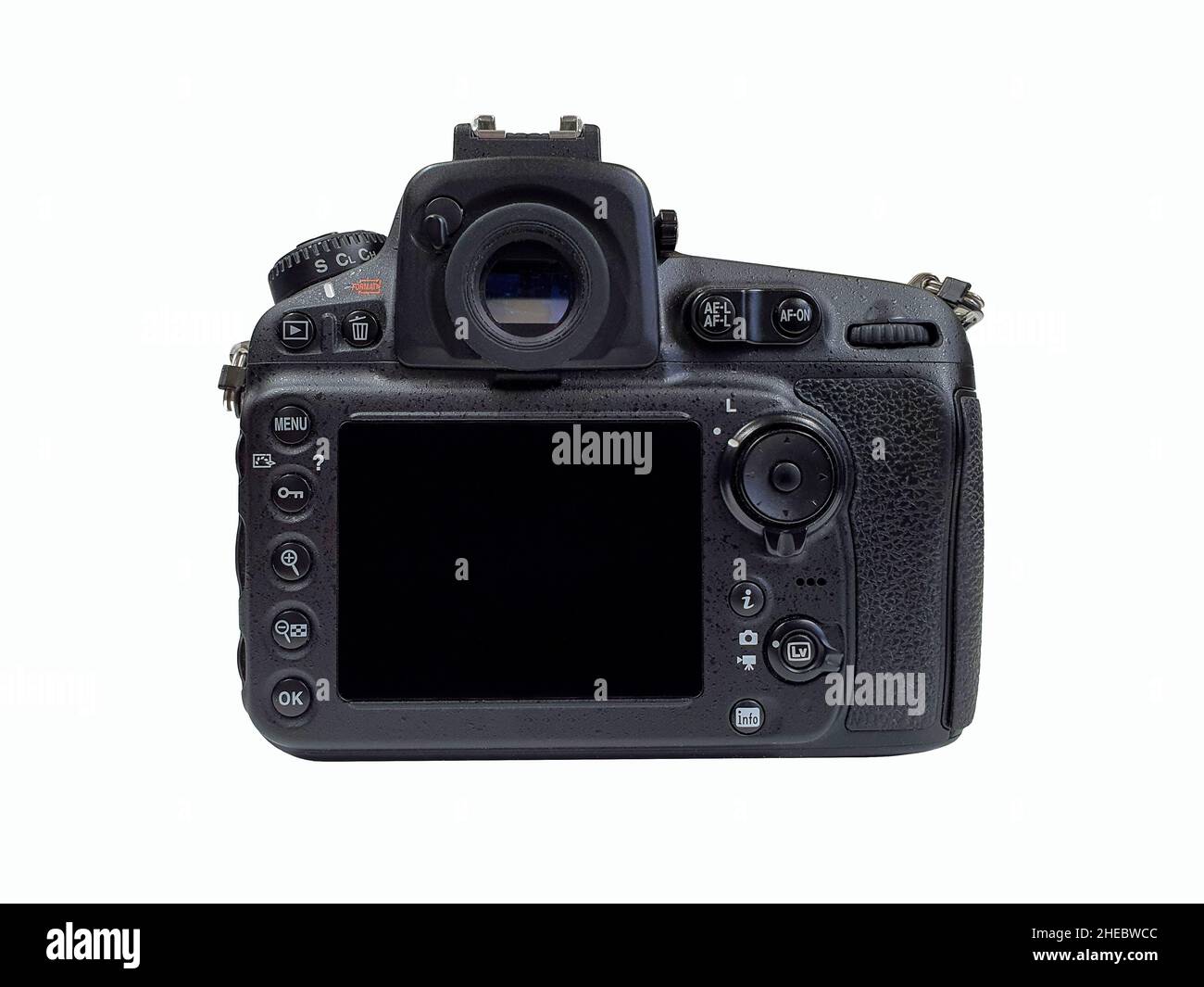 Fotocamera digitale con obiettivo, professionale isolato su bianco Foto Stock