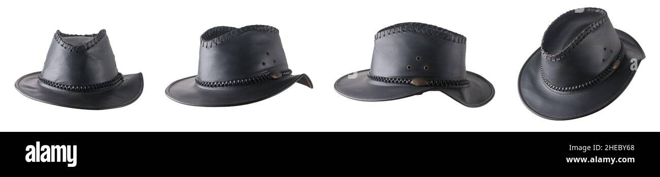 collezione di cappello nero da cowboy in diverse angolazioni, isolato su sfondo bianco Foto Stock
