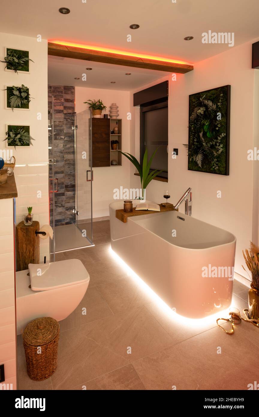 Bagno moderno con vasca indipendente, rubinetti moderni e illuminazione d'ambiente a LED rosso Foto Stock