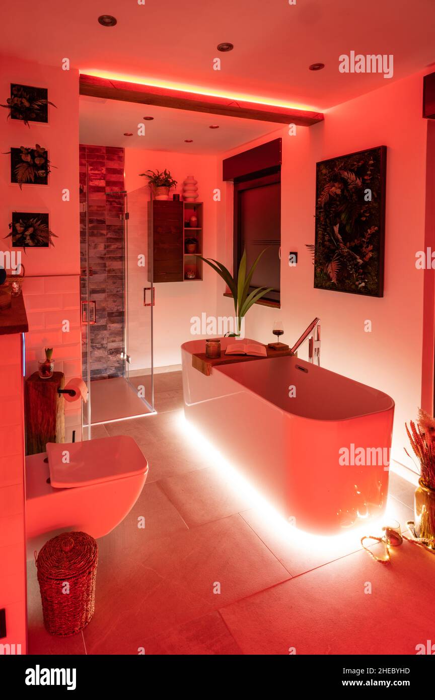Bagno moderno con vasca indipendente, rubinetti moderni e illuminazione d'ambiente a LED rosso Foto Stock