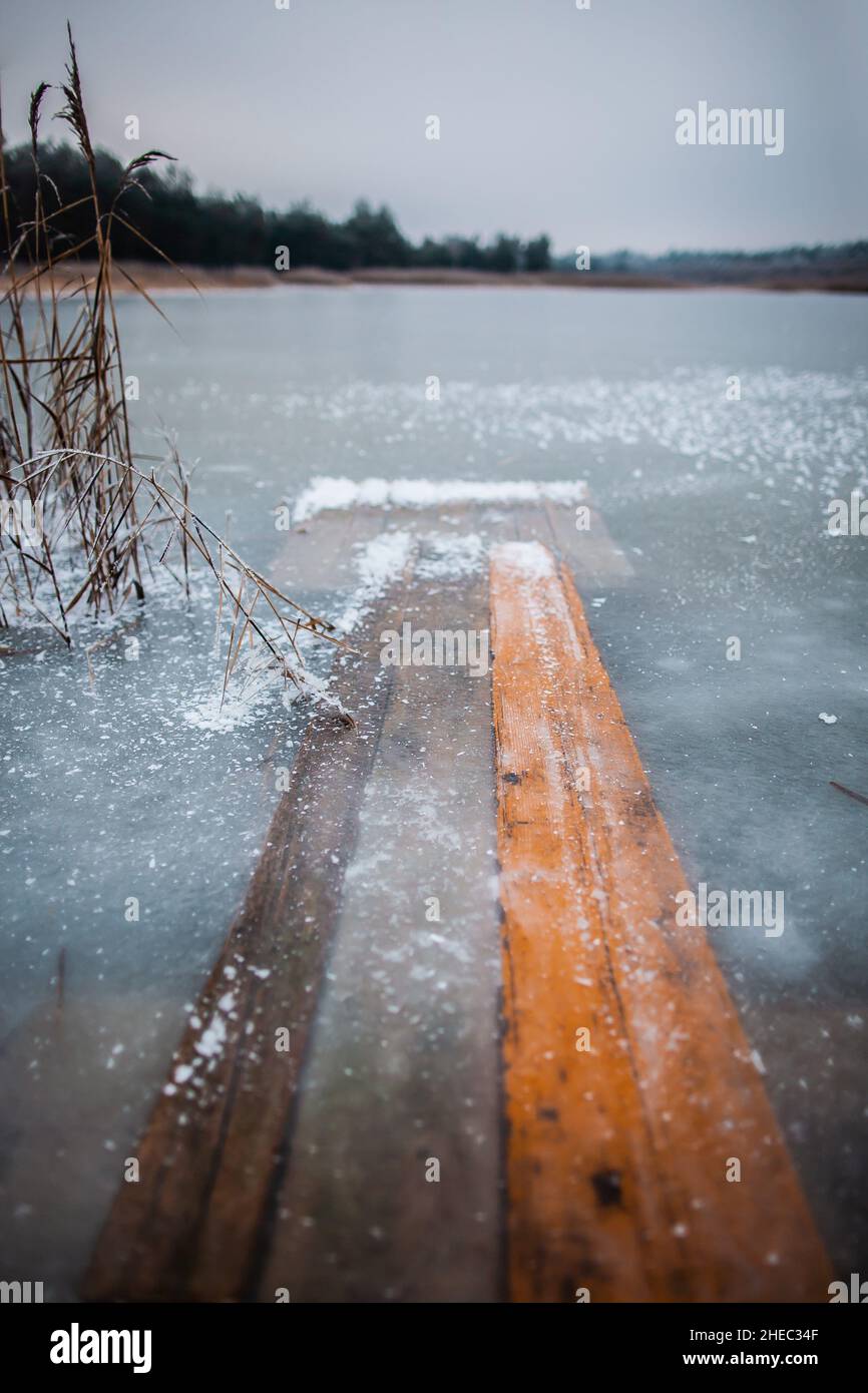 Tavole di legno in acqua ghiacciata, tavole intrappolate sotto ghiaccio sulla superficie ghiacciata del lago, ghiaccio stupefacente su acqua, acqua ghiacciata superficie acqua di fondo Texture Foto Stock