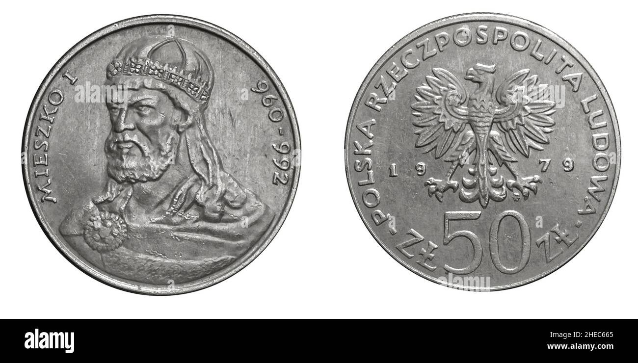 50 Zloty polacco zł Mieszko i moneta su uno sfondo bianco isolato Foto Stock
