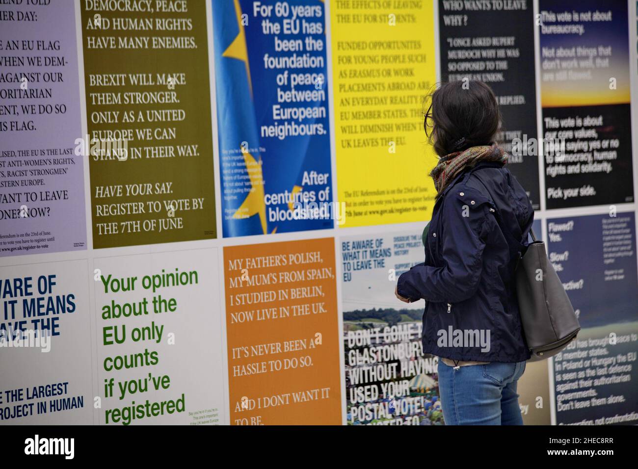 Londra, Regno Unito - Maggio 2016 - gli striscioni politici riguardanti il voto sul referendum sulla Brexit sono esposti su un muro Foto Stock