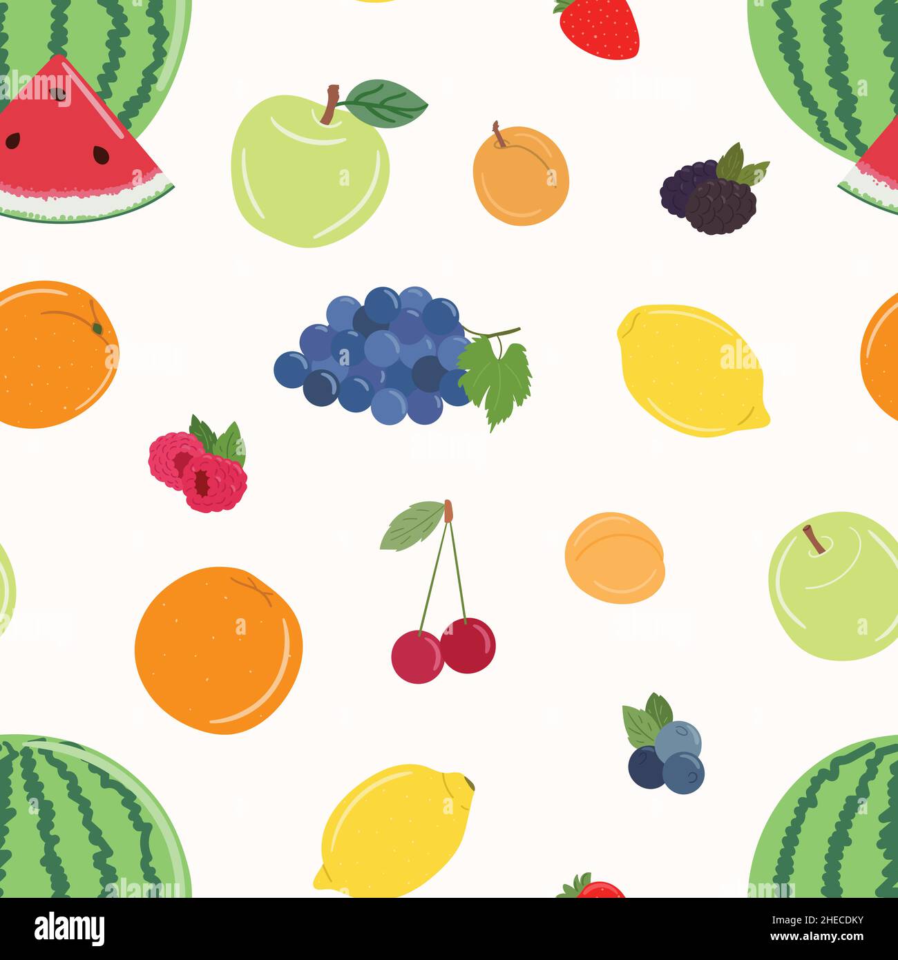 Modello senza giunture di frutta e bacche. Arancio, mela, pesca, anguria, uva e limone. Mora, lampone, mirtillo e ciliegia. Vec. Disegnata a mano Illustrazione Vettoriale