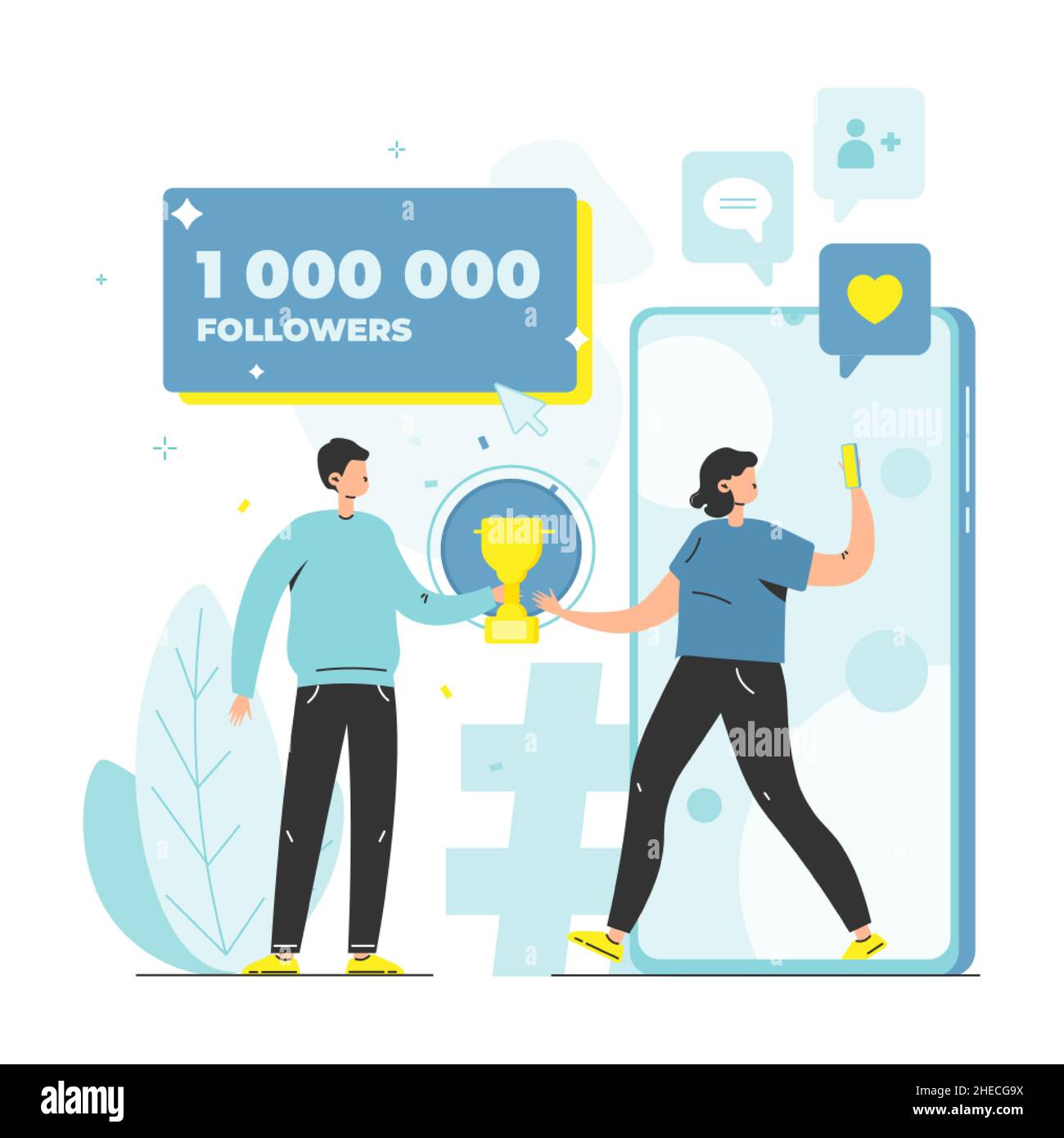 1000000 seguaci, blogger felice che festeggia i successi del blog obiettivo con coppa trofei, illustrazione vettoriale piatta. 1m abbonati ai social media Illustrazione Vettoriale