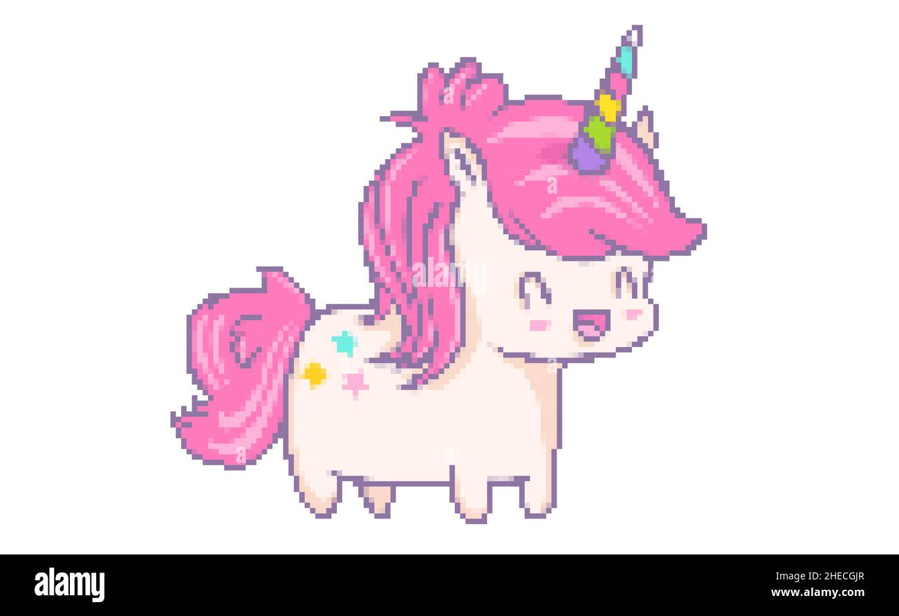 Illustrazione vettoriale di un unicorno kawaii in stile pixel art. Vettore cute pixel unicorn con stelle in stile chibi. Illustrazione Vettoriale