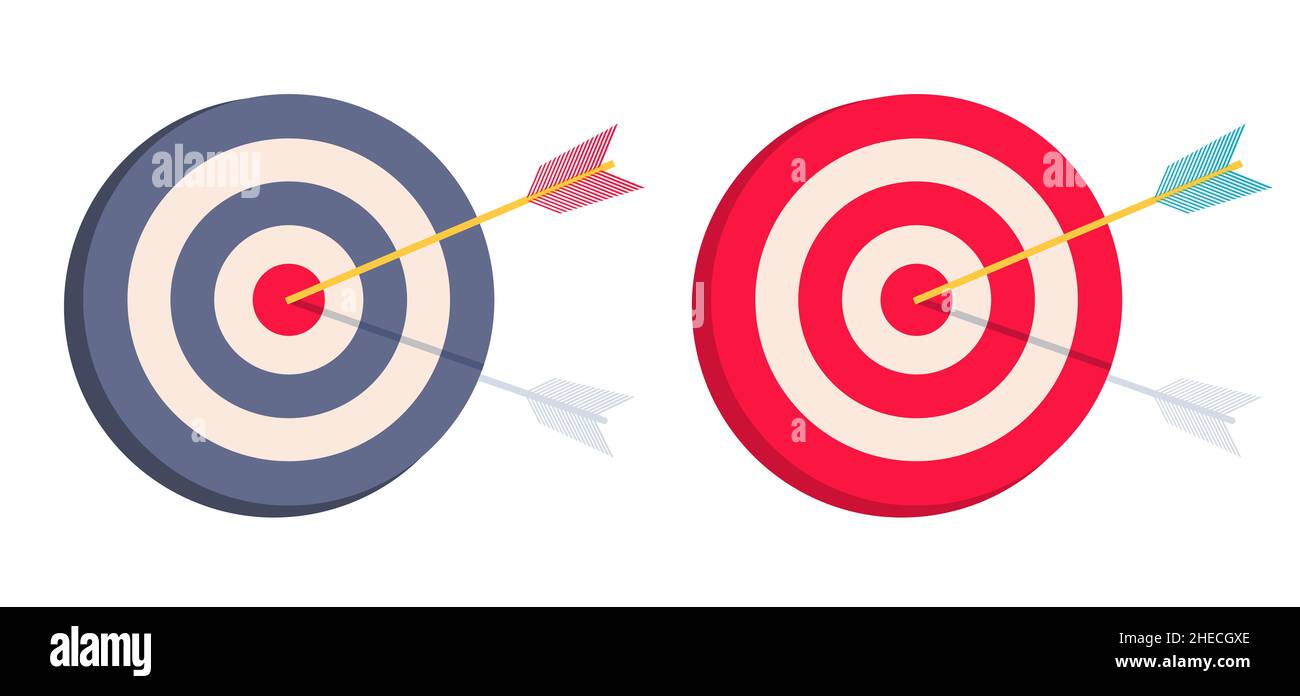 Icone del set vettoriale del target con freccia. Illustrazione vettoriale del business dell'orrore di destinazione. Illustrazione Vettoriale