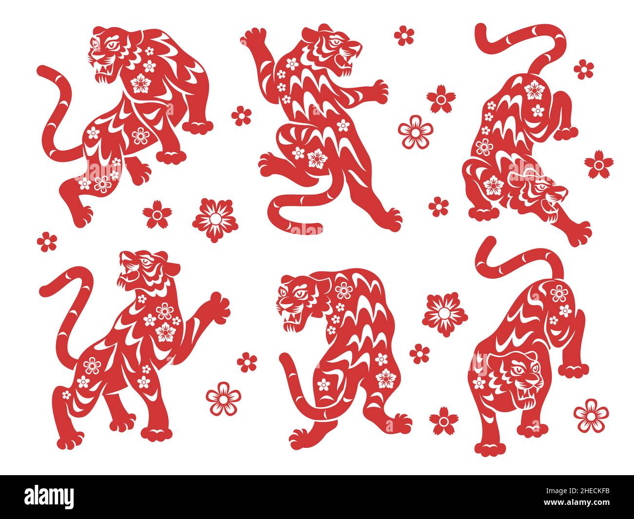 Tigre cinese di nuovo anno. Animale oroscopo asiatico, silhouette decorative rosse in diverse pose, collezione di simboli grafici tradizionali, zodiaco vacanza Illustrazione Vettoriale
