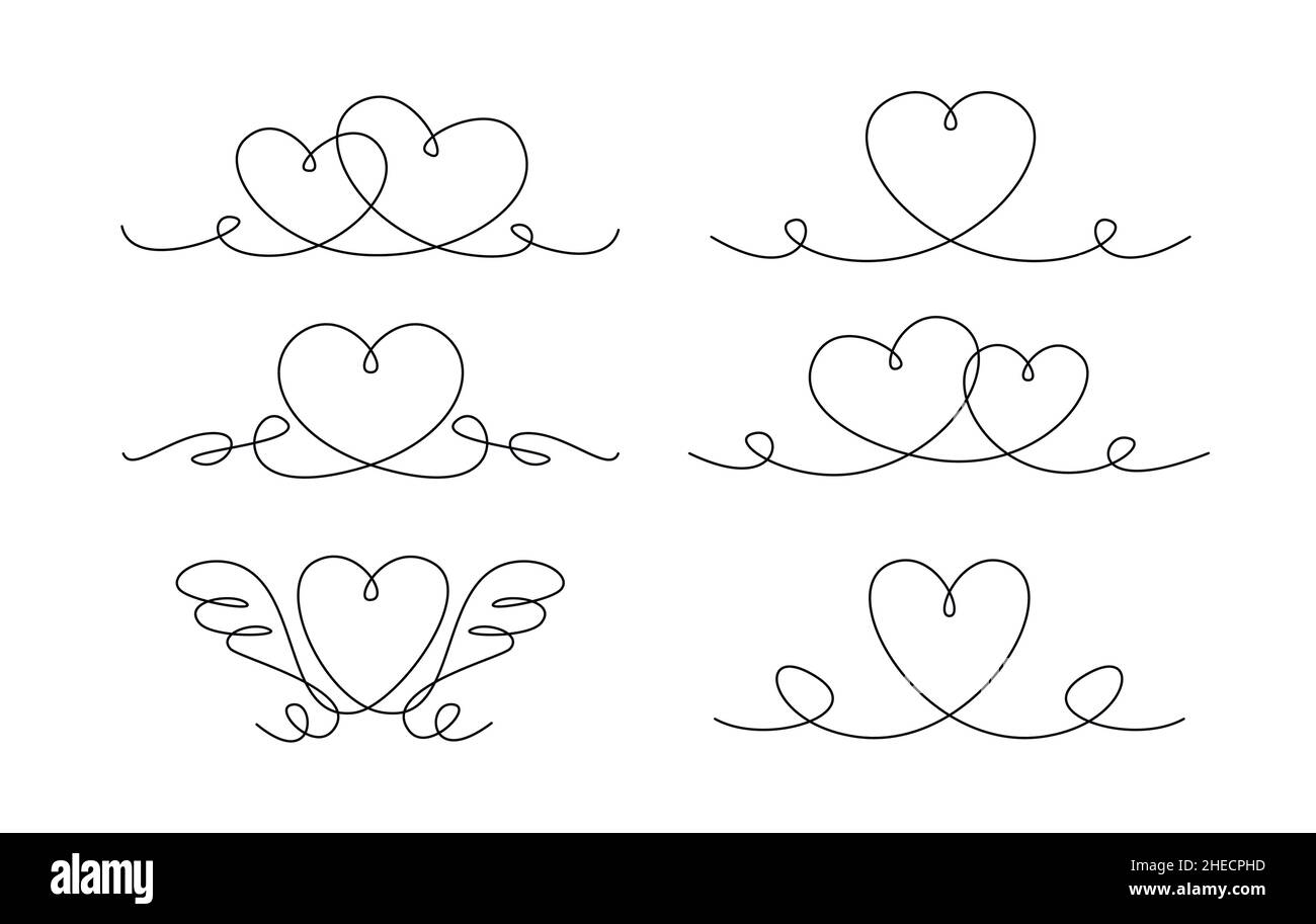 Forma a linea sottile dell'accoppiamento cardiaco. Elementi decorativi per matrimonio o carta San Valentino Illustrazione Vettoriale