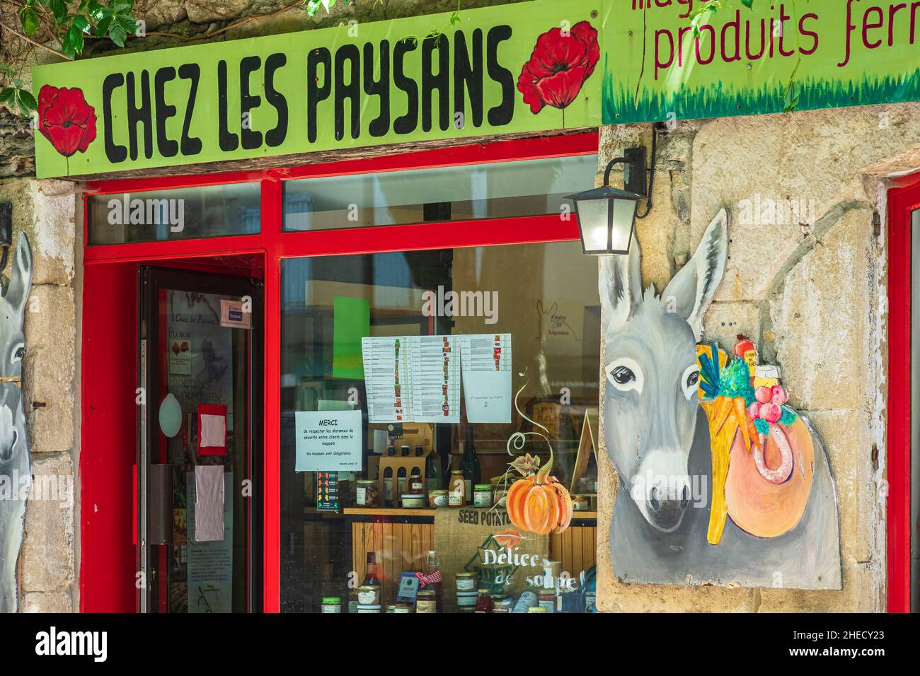 Francia, Lozere, Florac-Trois-Rivieres, piccola città sul sentiero Stevenson o GR 70, negozio di prodotti locali Foto Stock