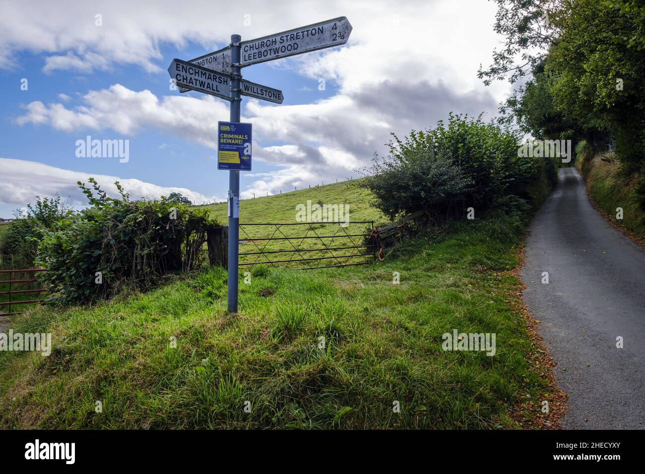 Country Lane vicino Enchmarsh nella Shropshire Hills Area of Outstanding Natural Beauty, Inghilterra Foto Stock