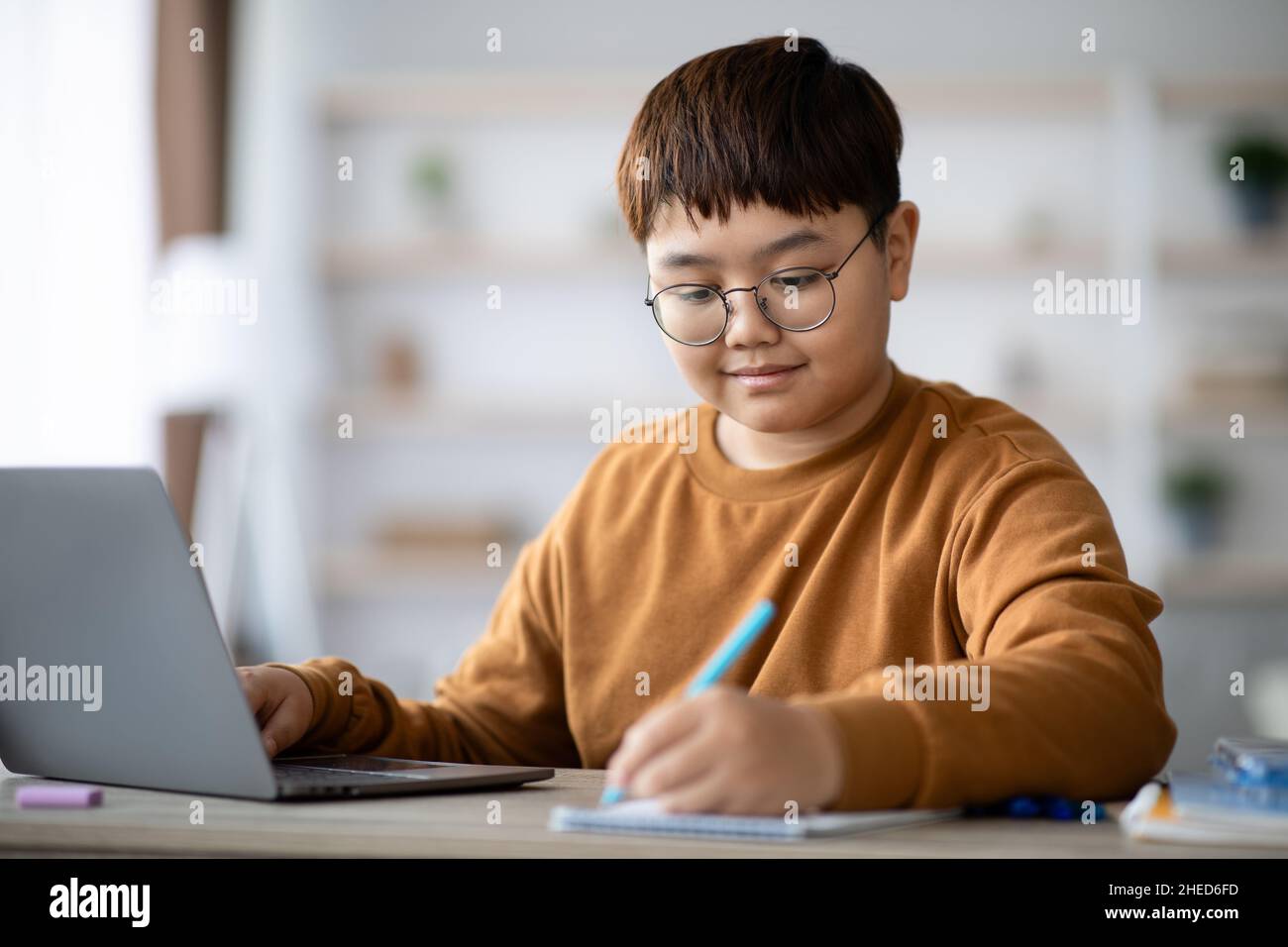 Ragazzo coreano intelligente che fa i compiti a casa Foto Stock