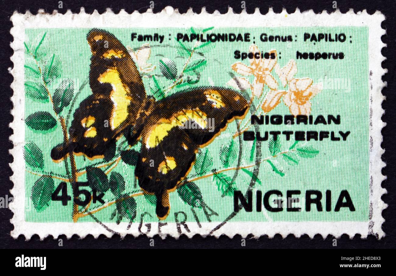 NIGERIA - CIRCA 1982: Un francobollo stampato in Nigeria mostra Hesperus Swallowtail, Papilio Hesperus, Butterfly, circa 1982 Foto Stock