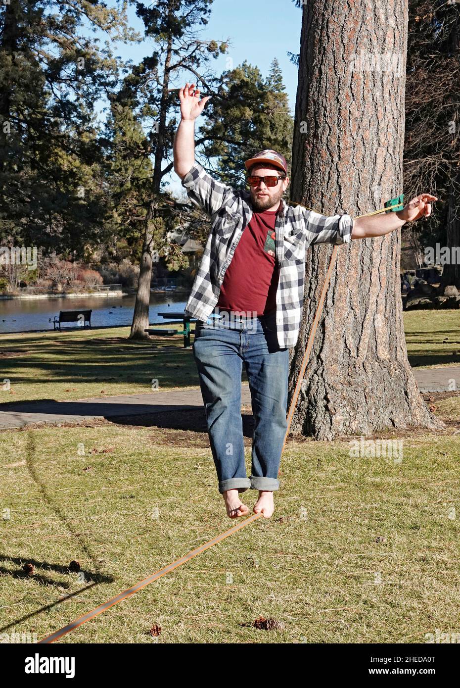 Uno studente universitario pratica un'attività conosciuta come slack Fodera, a piedi una stretta cinghia di nylon. In un parco cittadino di Bend, Oregon. Foto Stock