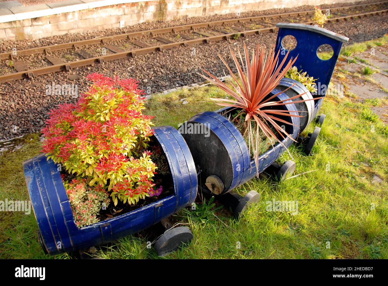 Treno ferroviario modello, fatto da vecchi tamburi e riempito di piante, su una piattaforma disutilizzata alla stazione ferroviaria di Loch awe, Loch awe, Scozia Foto Stock